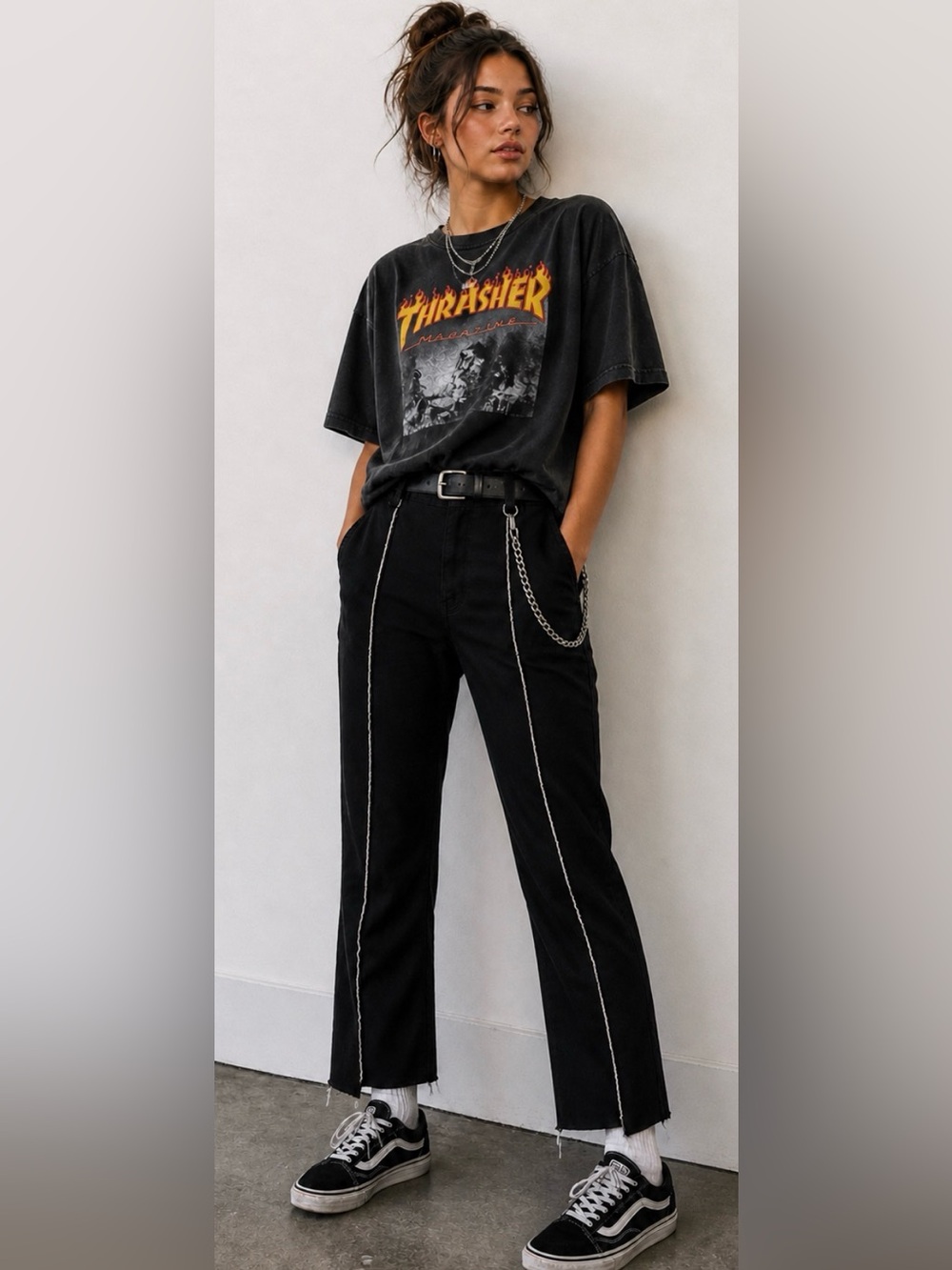 Melody Ehsani Black Straight-Leg Trousers with Contrast Stitching
